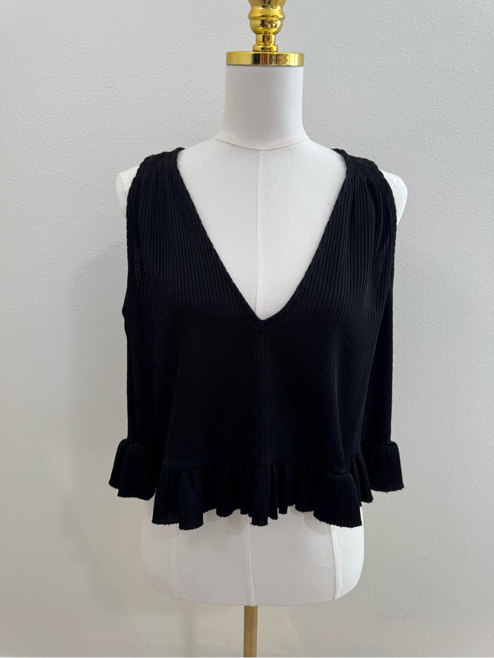 Free People Black Deep V-Neck Ruffle Hem Top - Size S